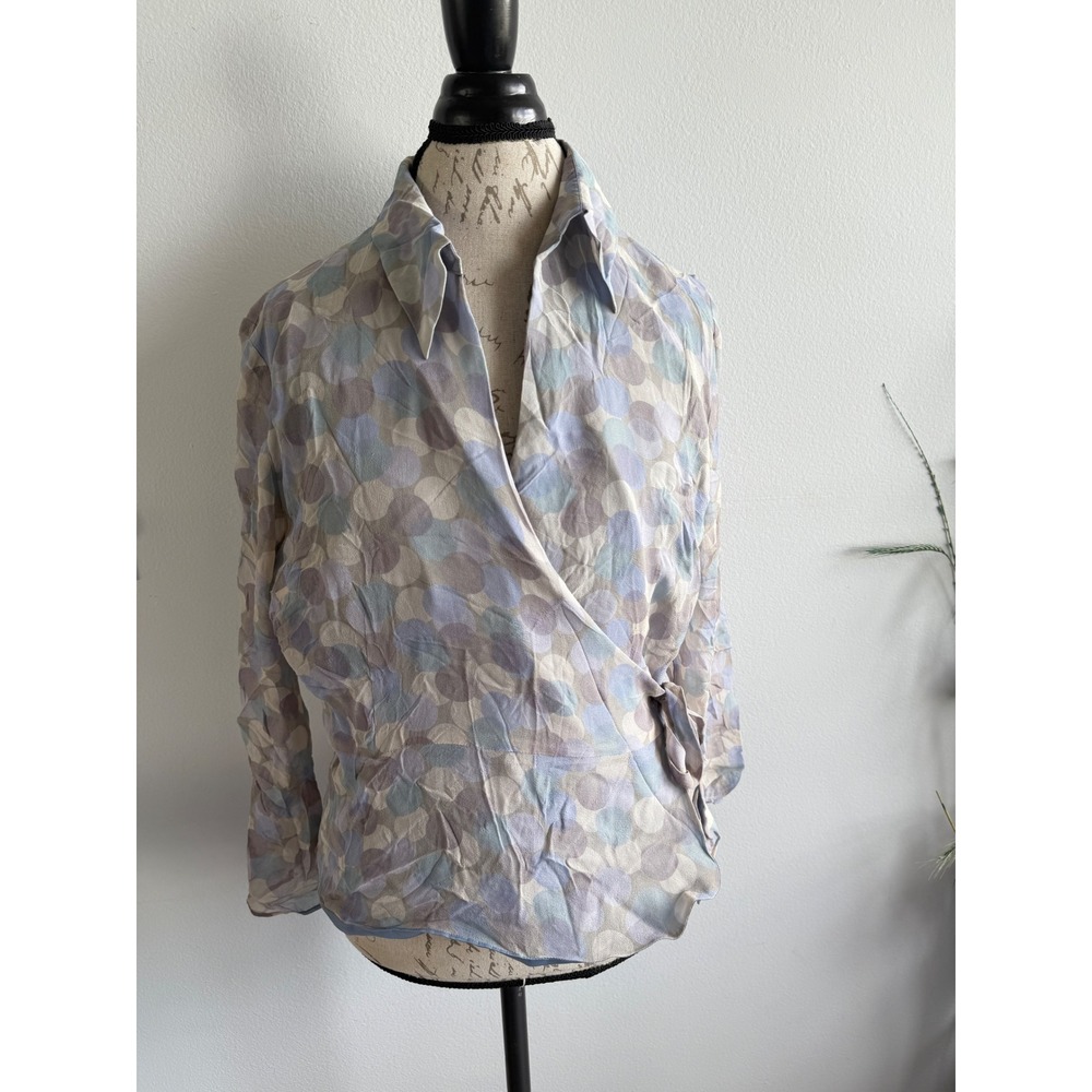 Silk Blouse Size 16 i•CE Top Wrap Front Long Sleeve Collared Multicolor Dots‎